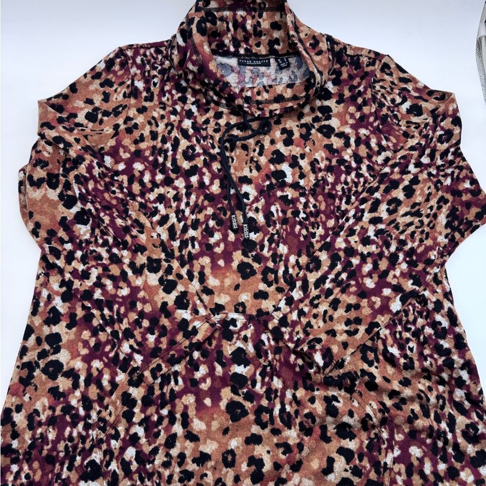 Susan Graver Leopard Print‎ Cowl Neck Pullover in Purple,Brown, Black & Cream, L